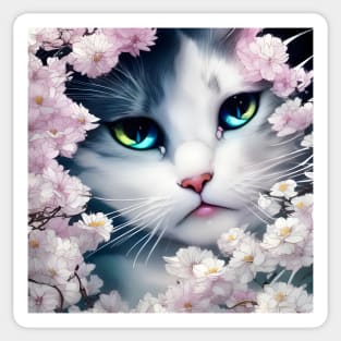 White Kitten surrounded by Pink Flowers | White, grey and blue cat with blue and yellow eyes | Digital art Sticker Sticker